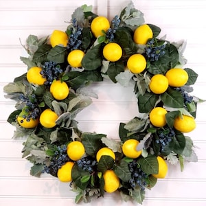 French Provence Lemon, Blueberry, Dusty Miller and Lambs Ear Wreath |  Summer Lemon Wreath | Kitchen Wreath | French Provence
