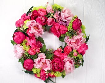 Handgjord rosa pionkrans, Babys Breath Hortensia, romantisk viktoriansk dekor