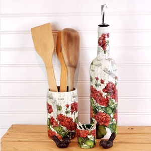 Red Geraniums in Paris Kitchen | 25.4 oz Up-cycled Oil or Vinegar Cruet, Utensil /Vase, Toothpick Holder | One of a Kind