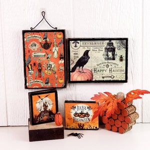 Vintage Style Happy Haunting Sign / Shelf Sitter | Halloween Trick or Treat Sign | Up-cycled Wood Halloween Signs