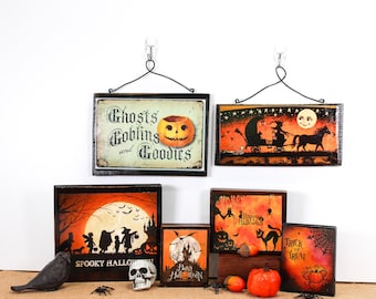 Vintage Halloween Holzschilder: Zylinder, Spinne & Krähe - Altholzkunst