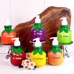 Fruit Hand Soap Dispensers Made From Reclaimed Martinelli&#39;s Apple Juice Bottles | Apple, Orange, Limon, Lime, Peach and Plum