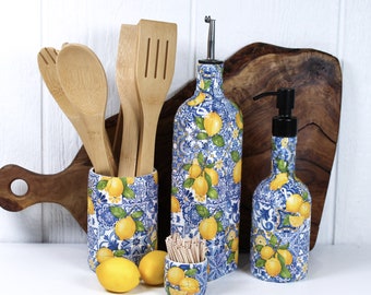Handmade Moroccan Blue and Lemon Upcycled Bottle Kitchen Accessories -Oil Cruet, Utensil & Toothpick Holder