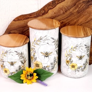 NEW ITEMS Bee Wildflower and Lavender Wreath 3 pc Canister Set | French Country Kitchen | Oil Cruet | Utensil Holder/Vase