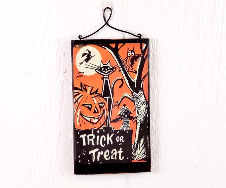Houten borden in vintage stijl voor Halloween/plankenhouders | Geüpcycled hout PumpkinOwlBlack Cat