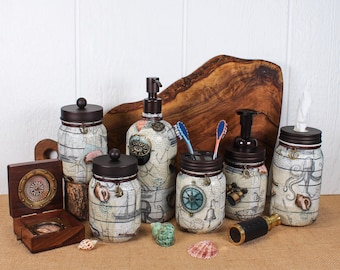 Conjunto de banheiro náutico feito com potes reciclados | Decoração para casa de praia
