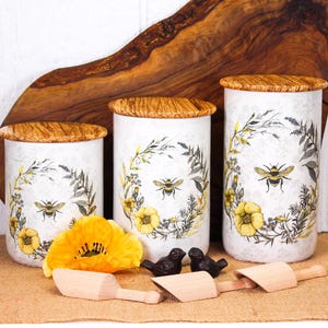 Set di contenitori fatti a mano con api e fiori selvatici / Vaso con papaveri gialli / Decorazione per cucina in stile country francese