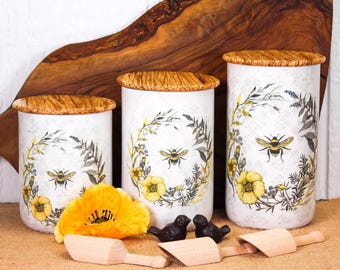 Handmade Bee & Wildflower Canister Set | Vase with Yellow Poppies | French Country Kitchen Decor