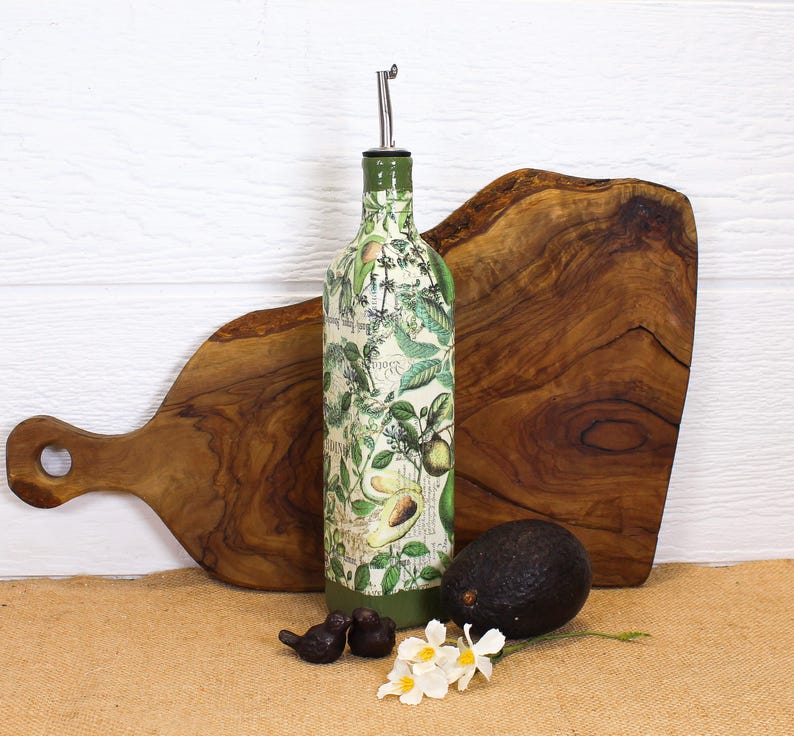 Handmade Avocado Botanical Oil Cruet | Up-cycled Bottle Kitchen Decor image 17