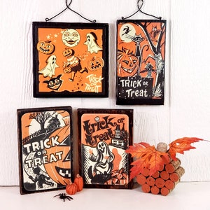 Vintage Style Halloween Wood Signs/Shelf Sitters | Trick or Treat | Halloween Trick or Treater | Witch, Moon, Black Cat and Vintage Pumpkin