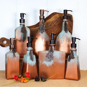 Copper Patina Rubbed Bronze Feather Up-cycled Bottle Soap/Hand Lotion Dispenser | Bathroom / Kitchen Accessary | House Warming Gift