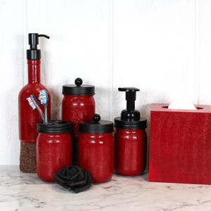 4 pc Red and Black Up-cycled Jar Bathroom Set | Bathroom Accessary | House Warming Gift | Holiday Giftset