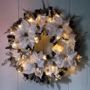 Cream Poinsettia Christmas Wreath | Champagne Glitter, LED Lights, Remote