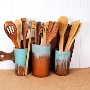 Copper Patina Up-cycled Bottle Utensil Holder or Vase | Rustic Accessories | Country Accessories | Rustic Kitchen | Modern Farmhouse