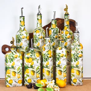 Lemon Botanical Up-cycled Bottle Kitchen Accessory | Oil or Vinegar Cruet | Kitchen Utensil / Toothpick Holder | Hand Soap Dispenser