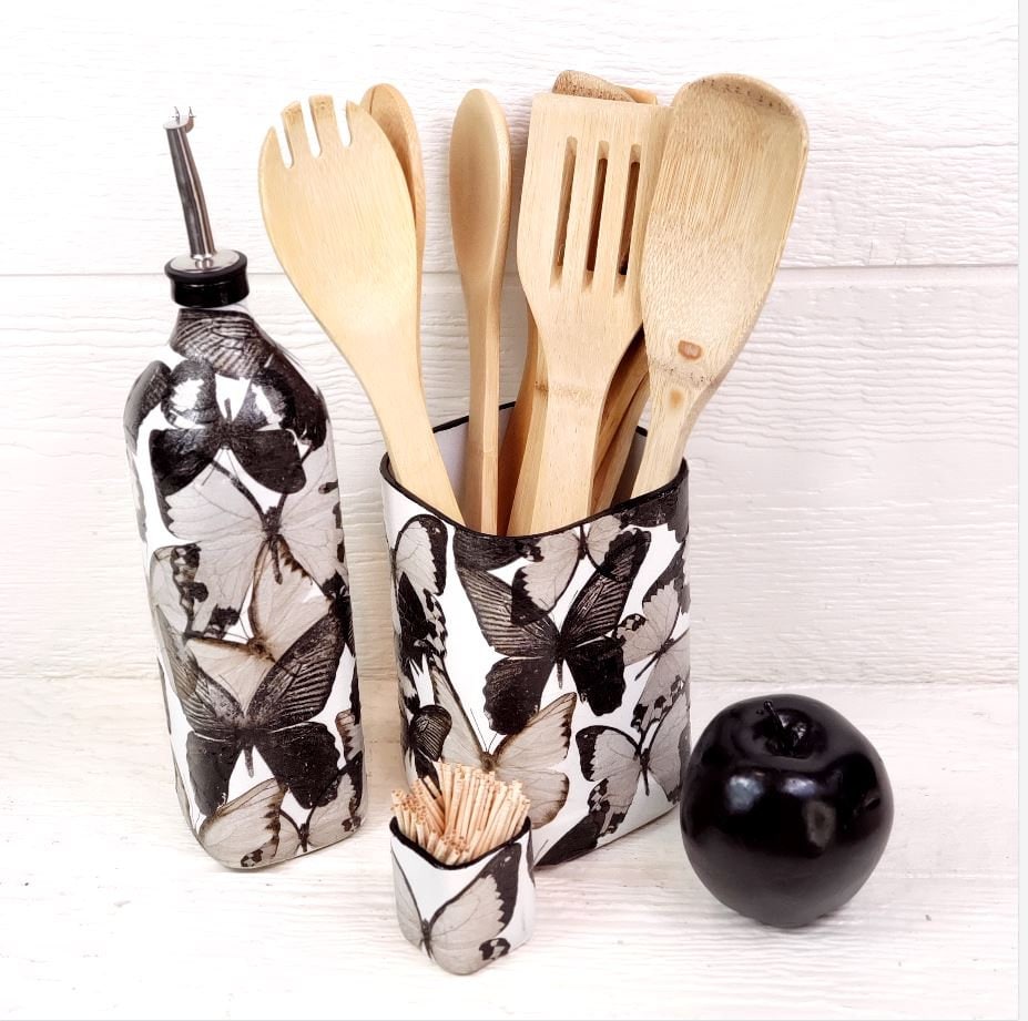 Butterfly Decoupage Upcycled Bottle Kitchen Accessories Cruet, Utensil Holder