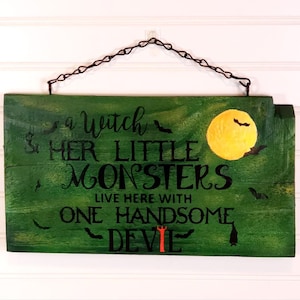 The Wicked Witch And Her Little Monsters Live Here - Personalized Shaped Wood Sign - Gift For Witches, Gift For Yourself, Gift For Pet Lovers, Halloween Gift