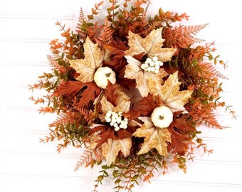 Fall Leaves & White Pumpkin Candle Wreath: Thanksgiving Centerpiece