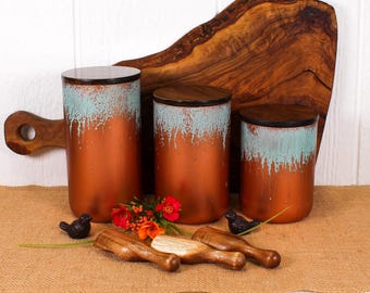 Copper Patina Up-cycled Bottle Kitchen Canister Set | Rustic Accessories | Country Accessories | Oil Dispenser | Utensil and Toothpick Hold