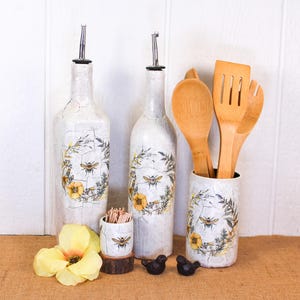 Bee Wildflower and Lavender Wreath Kitchen Set | French Country Kitchen | Oil Cruet | Utensil Holder/Vase | Cookie Jar/ Storage Container