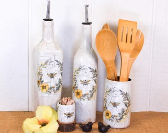 Handmade Bee & Wildflower Kitchen Accessories | Reclaimed Bottle Cruet, Utensil Holder