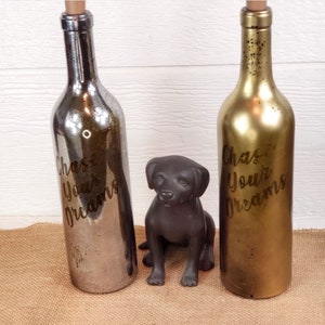 May include: Two glass bottles with a silver and gold finish. Both bottles have the words "Chase Your Dreams" etched on them.