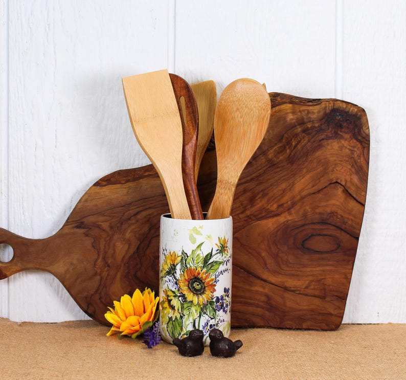 Handmade Sunflower Kitchen Decor | Upcycled Bottle Cruet, Utensil ...