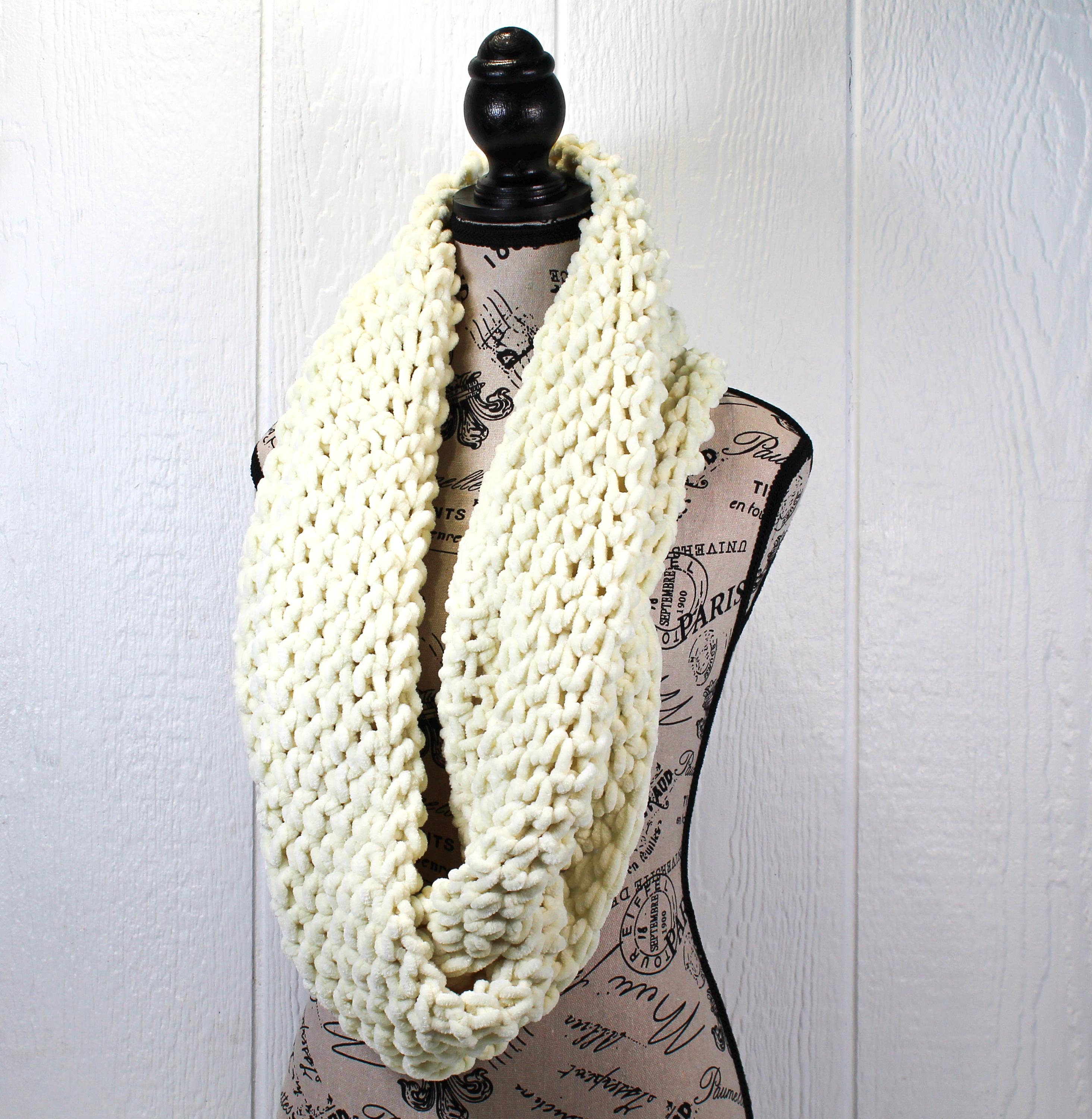 Handmade Chunky Chenille Crochet Infinity Scarf - Winter White, Cream ...