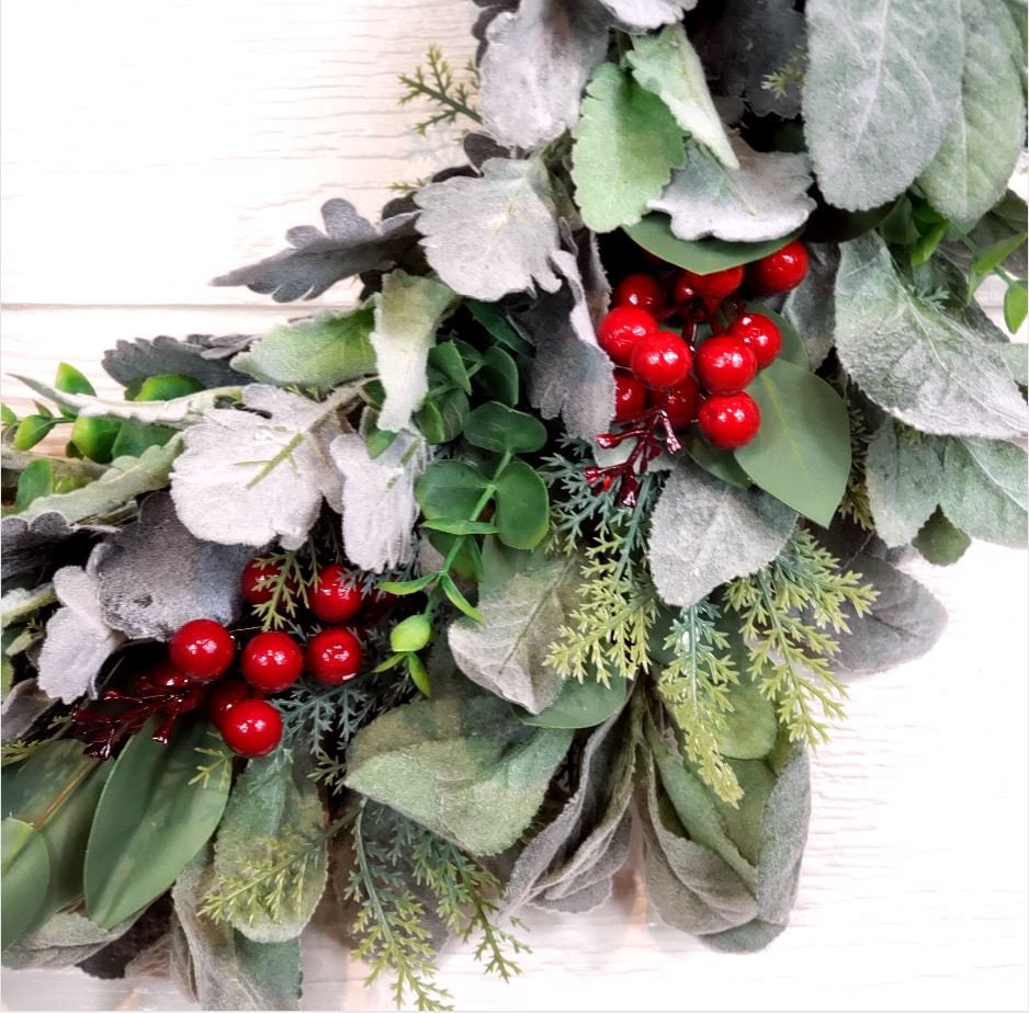 Cedar Pine Wreath, Lamb's Ear, Red Berry Winter Wreath - Etsy