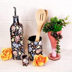 Day of the Dead Up-cycled Bottle Kitchen Accessory |24 oz Oil or Vinegar Cruet | Kitchen Utensil/Toothpick Holder | Vase with Flowers