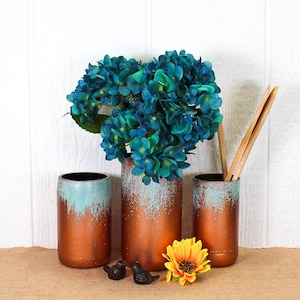 Copper Patina Utensil Holder Vase | Up-cycled Rustic Kitchen Decor