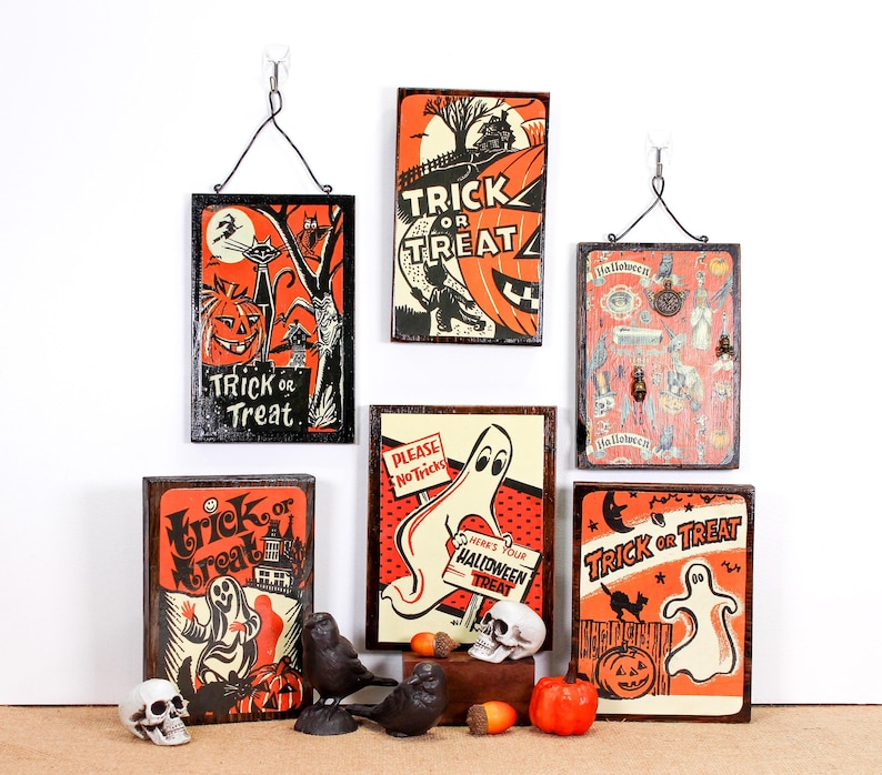 Houten borden in vintage stijl voor Halloween/plankenhouders | Geüpcycled hout afbeelding 1