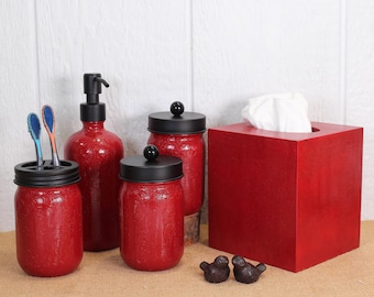 Set da bagno in finta pelle rossa riciclata / Decorazione fatta a mano per barattoli