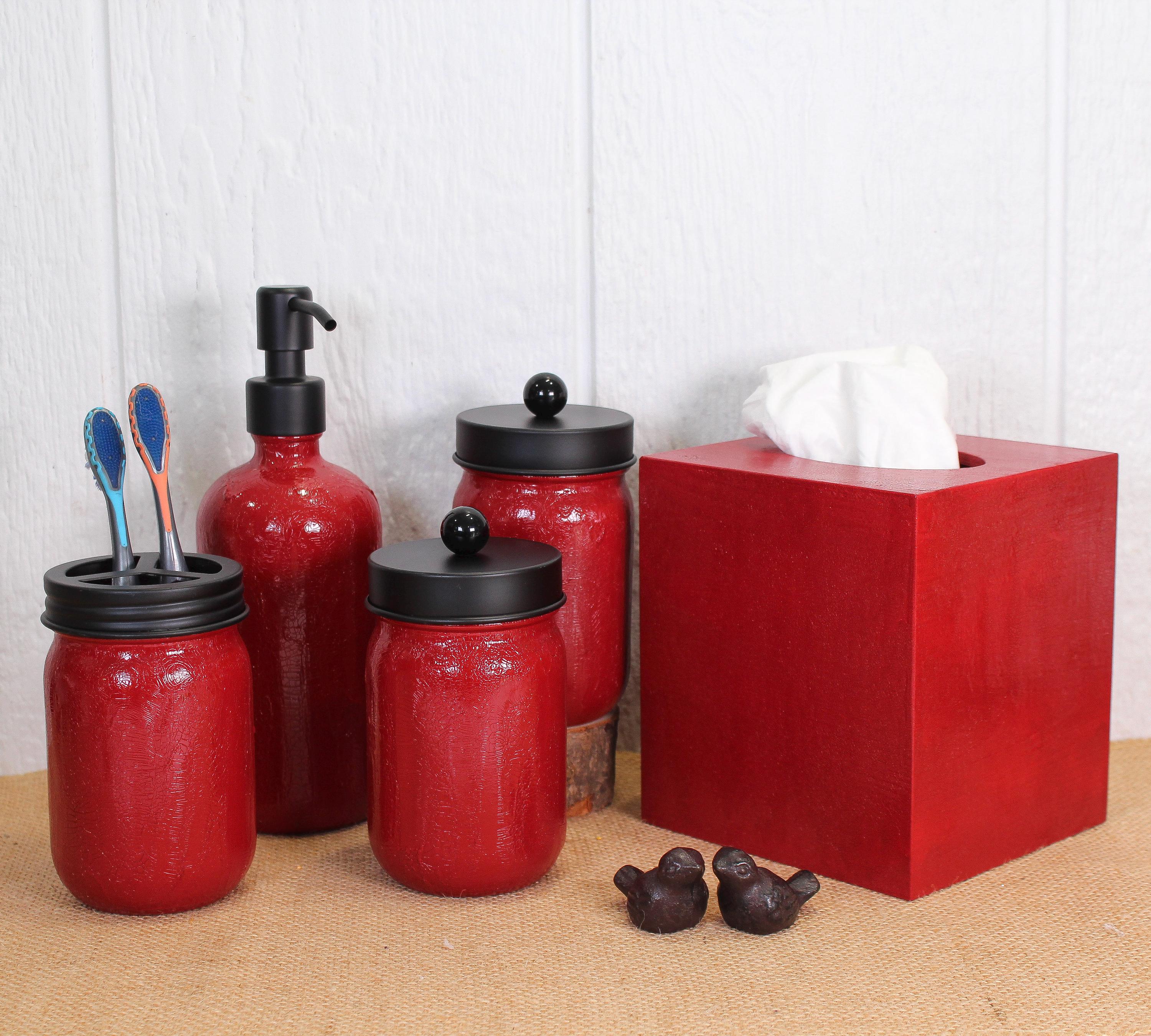 Upcycled Faux Red Leather Bathroom Set Handmade Jar Decor
