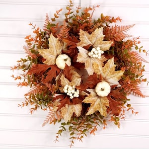 Fall Leaves, Eucalyptus and White Pumpkin Candle Wreath  | Small Fall Wreath | Thanksgiving Candle Centerpiece Wreath