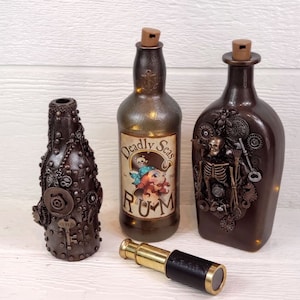 Deadly Seas Rum Apothecary Bottle Light | Up-cycled Wine Bottle | Unique Gift | One of a Kind | Red Headed Pirate