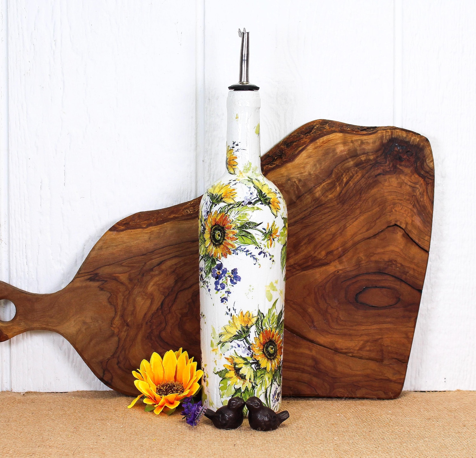 Handmade Sunflower Kitchen Decor | Upcycled Bottle Cruet, Utensil ...