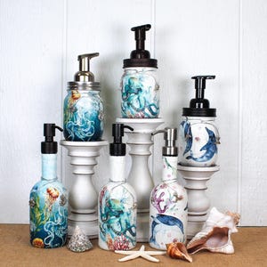 Ocean Beach House Up-cycled Bottle Hand Soap Dispenser | Dolphin Seashells Hand Soap Dispenser | Octopus and Jelly Fish Hand Soap Dispenser