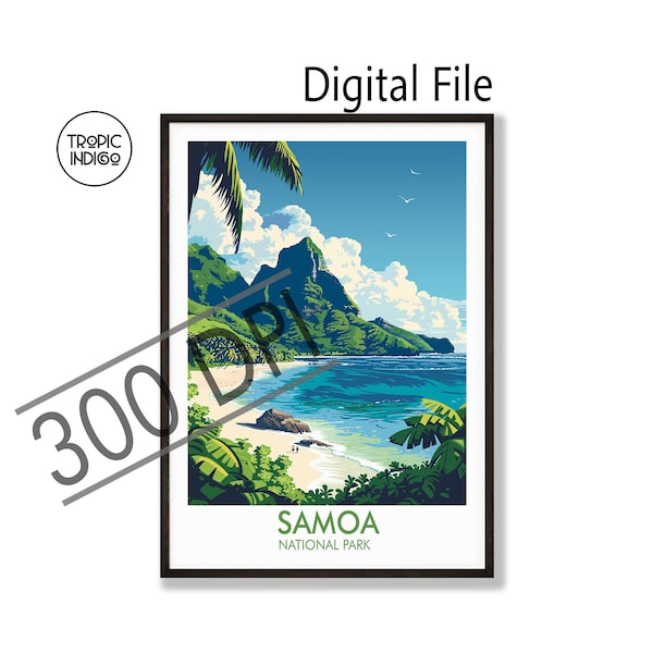 American Samoa National Park Travel Poster, USA , Digital Download 300dpi, High Resolution, Art Illustration, Tropical Island, Coastal Beach