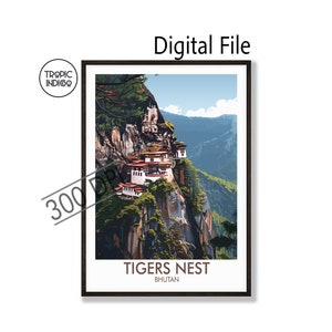 Tigers Nest Bhutan Reiseplakat, Landschaft, digitaler Download 300dpi, hohe Auflösung, DIY Druck, buddhistisches Kloster, Gebäude auf Klippe
