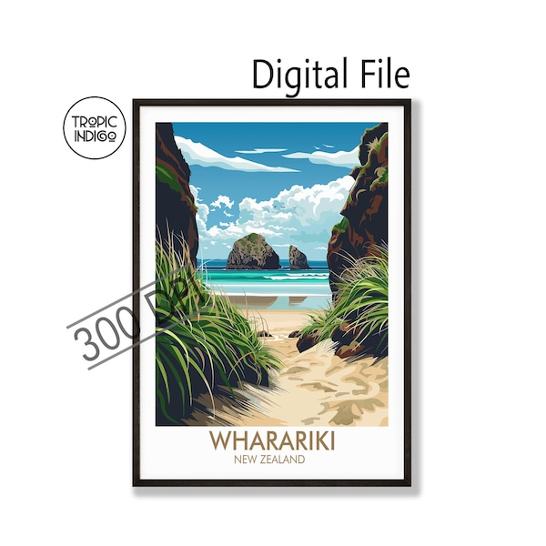 Wharariki Beach Travel Poster, Landscape Scene , Digital Download 300dpi, High Resolution,  New Zealand Seascape and Beach, DIY Poster Print