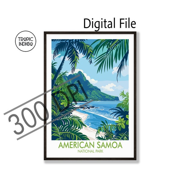 American Samoa National Park Travel Poster, USA , Digital Download 300dpi, High Resolution, Art Illustration, Tropical Island, Coastal Beach
