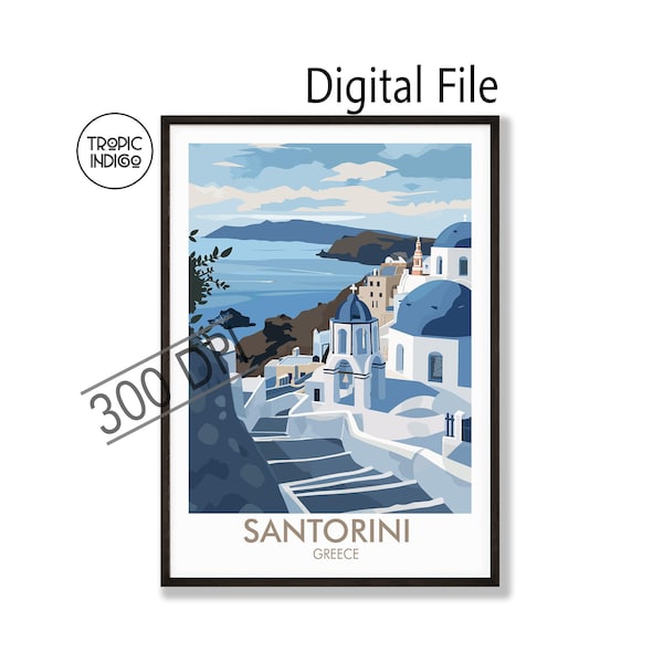 Santorini Travel Poster, Greek Islands, Landscape Scene , Digital Download 300dpi, High Resolution,  White washed Village, Quaint Rustic