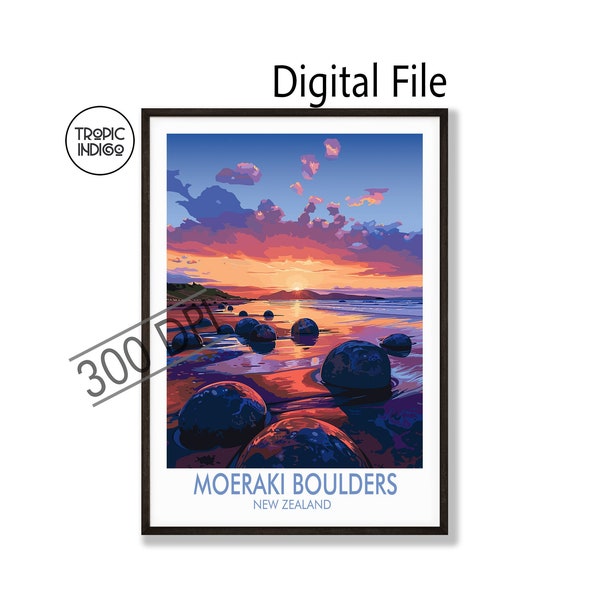 Moeraki Boulders Travel Poster, Seascape , Digital Download 300dpi, High Resolution,  New Zealand, Otago, DIY Poster Print, Round Rocks
