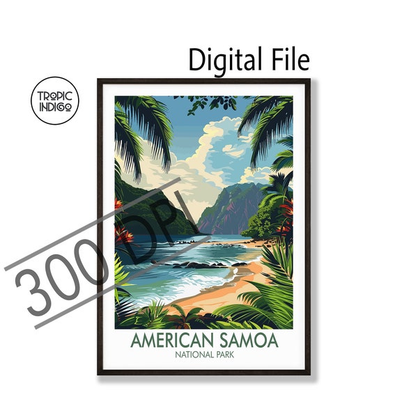 American Samoa National Park Travel Poster, USA , Digital Download 300dpi, High Resolution, Art Illustration, Tropical Island, Coastal Beach