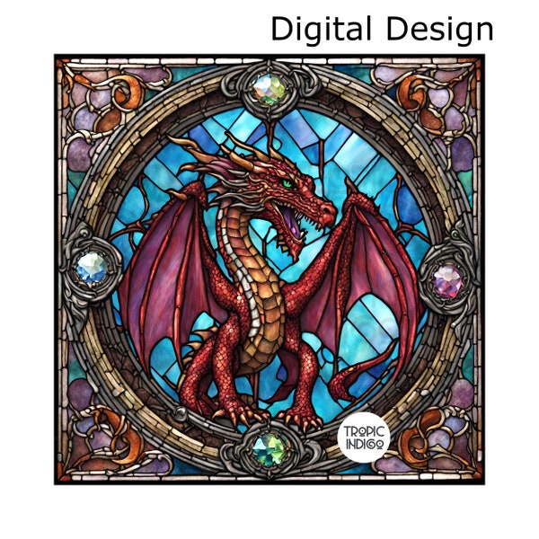 Stained Glass Winged Red Dragon in Faux Jeweled Frame, Digital file, Mythical creature Fantasy