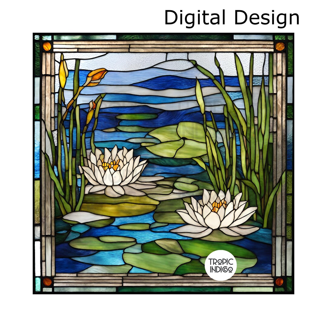 Stained Glass Walter Lily and Reeds Pond Scene, 12inch Digital File ...