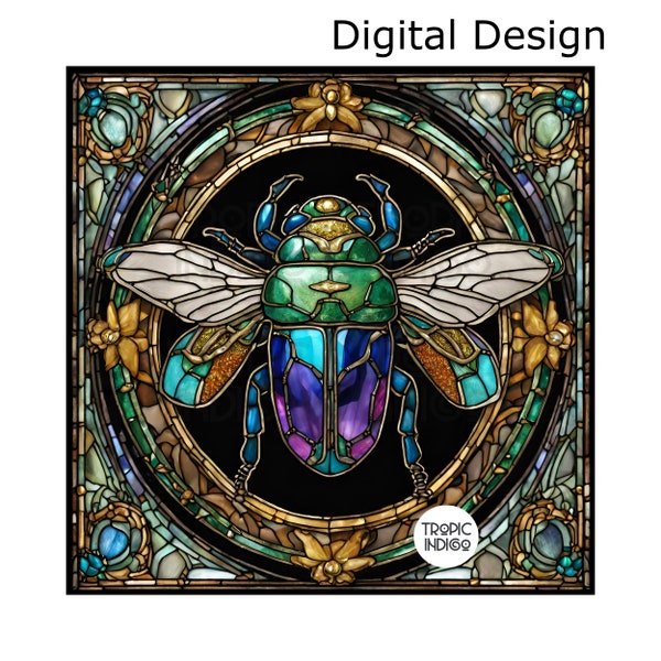 Stained Glass Faux Jeweled Blue and Green Scarab Beetle 12Inch Digital file, Art Nouveau Style, Insect Egyptian