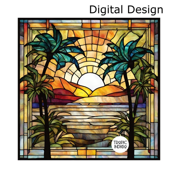 Stained Glass Sunrise Beach Scene with Palm trees Digital file, Ocean scene