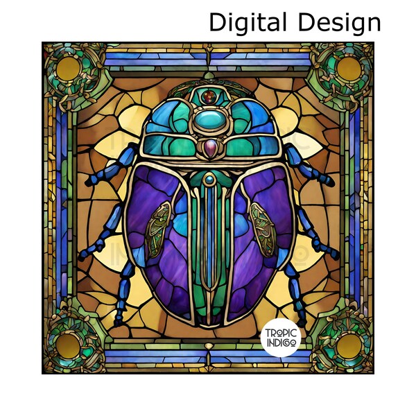 Stained Glass Blue and Purple Scarab Beetle 12Inch Digital file, Art Nouveau Style, Insect Egyptian